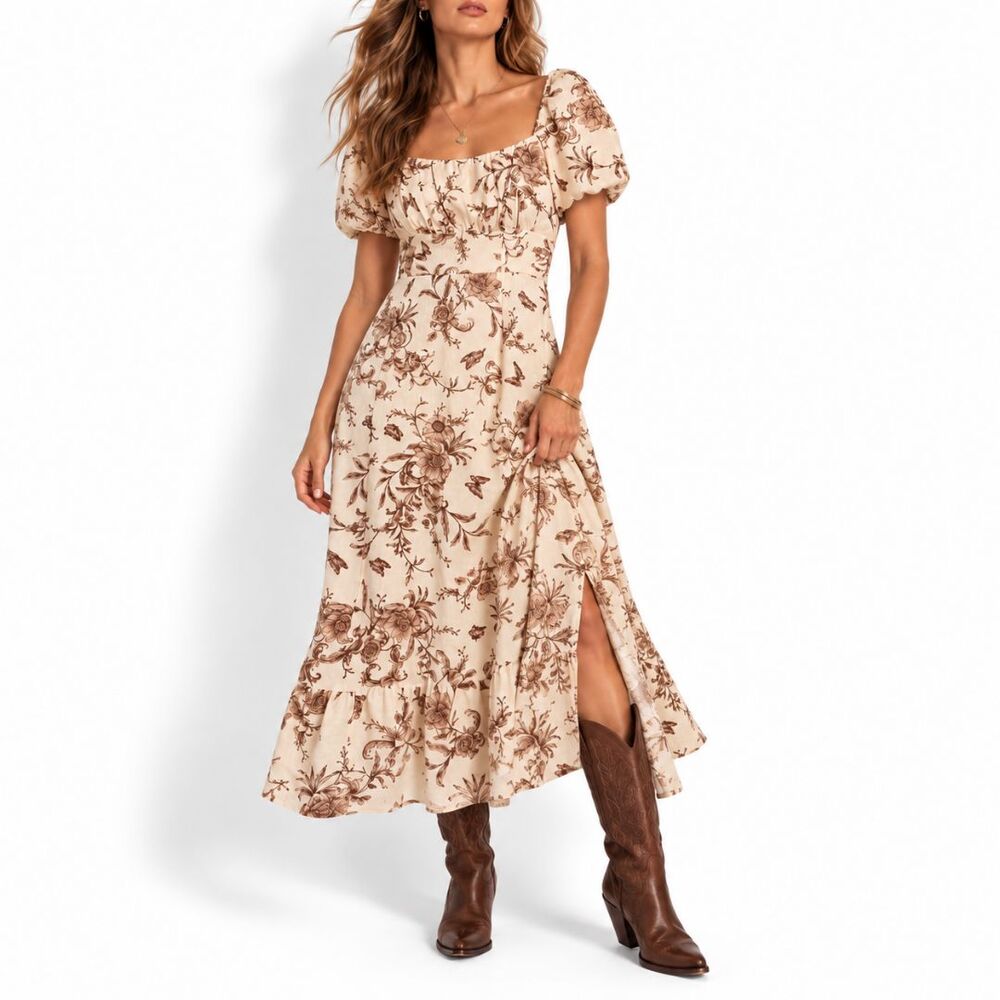 London Times Linen Blend Maxi Dress 10 Floral Puff Sleeve Slit Brown Kristin